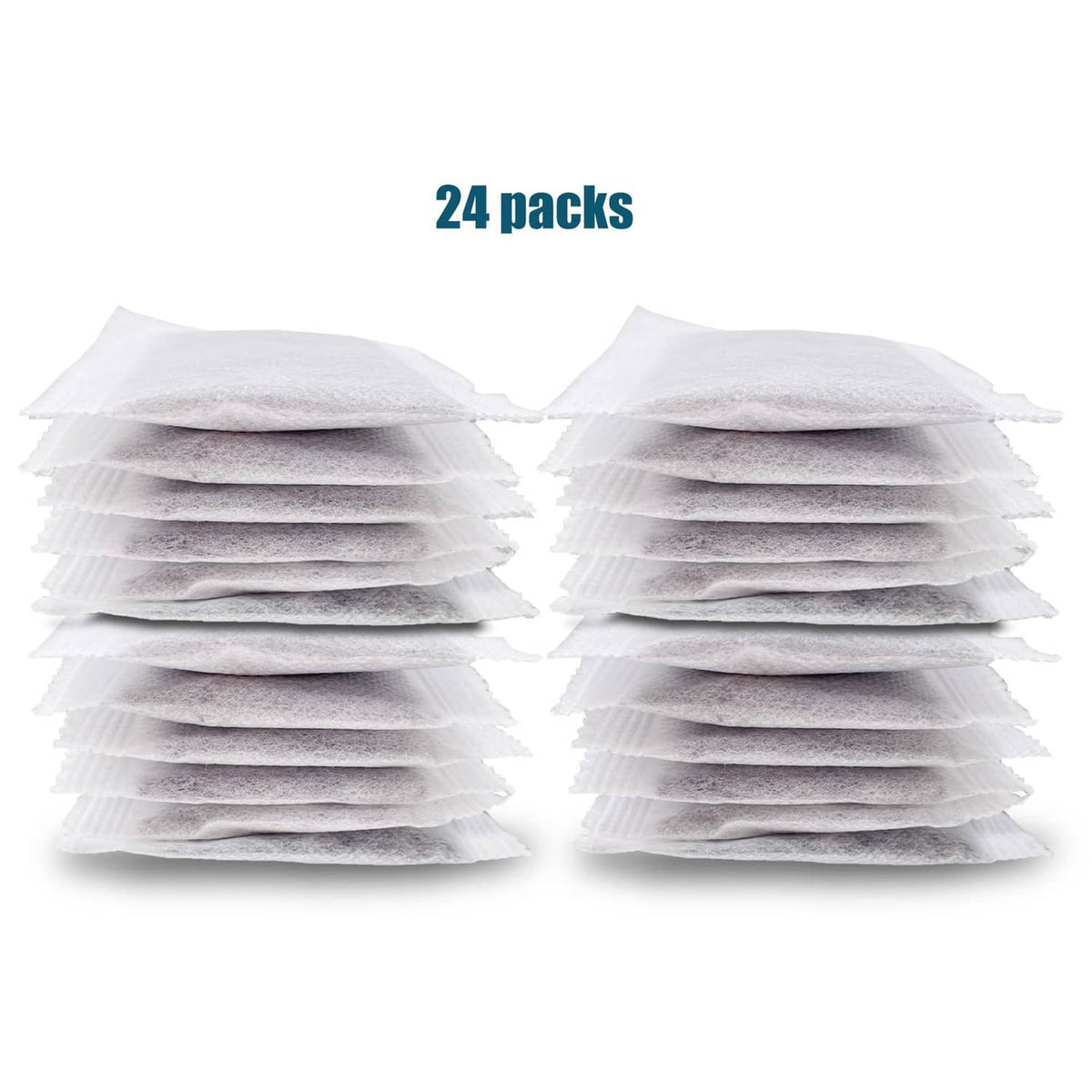 24 pack activated charcoal distiller replacement pads, white sachets with grey charcoal
