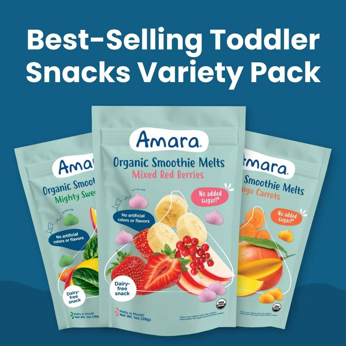 Amara best-selling toddler snacks variety pack with three organic smoothie melts pouches
