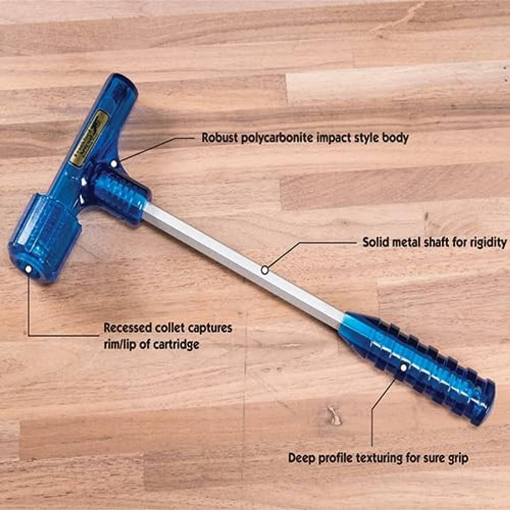 Blue impact bullet puller with deep grip handle texture and metal shaft