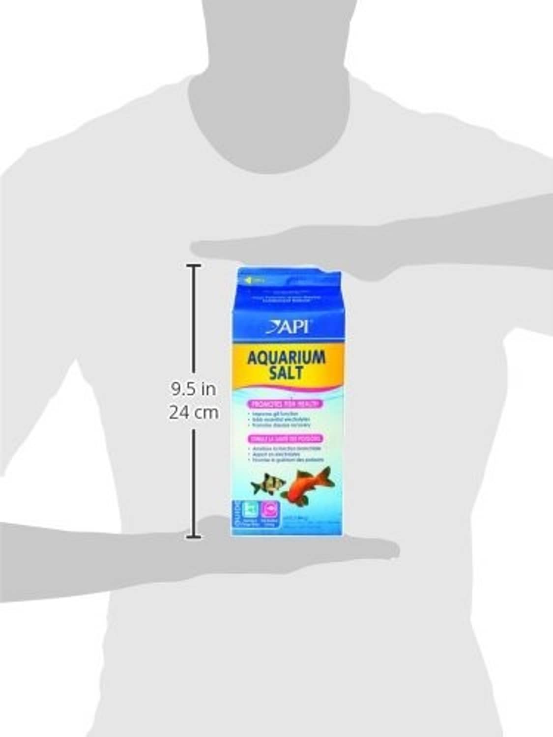 Aquarium salt box size diagram on person silhouette, shows 9.5 in height