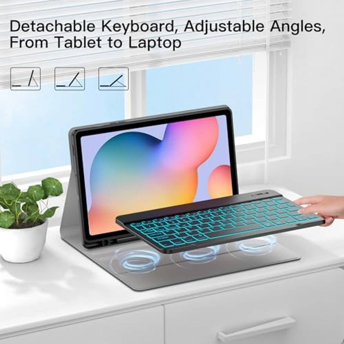 Detachable backlit wireless keyboard tablet case, teal keys on stand