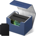 Blue card deck box open to reveal card slots and gray interior lining.