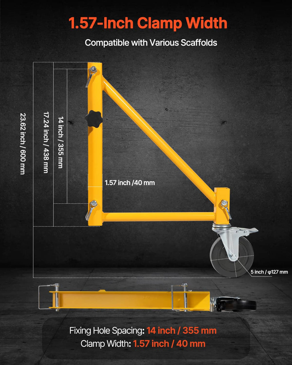 Yellow scaffolding outrigger clamp with swivel caster wheel and metal base plate