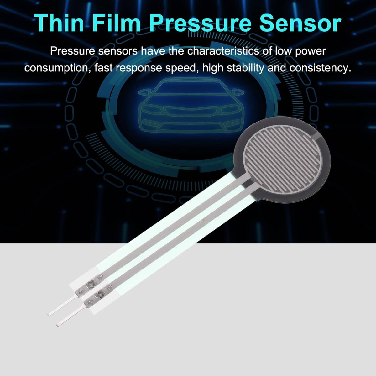 Thin film pressure sensor disc with two long white lead wires