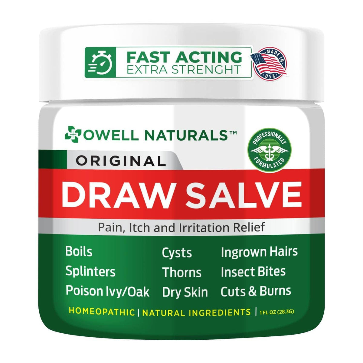 Drawing salve ointment jar with white lid and green “Draw Salve” label