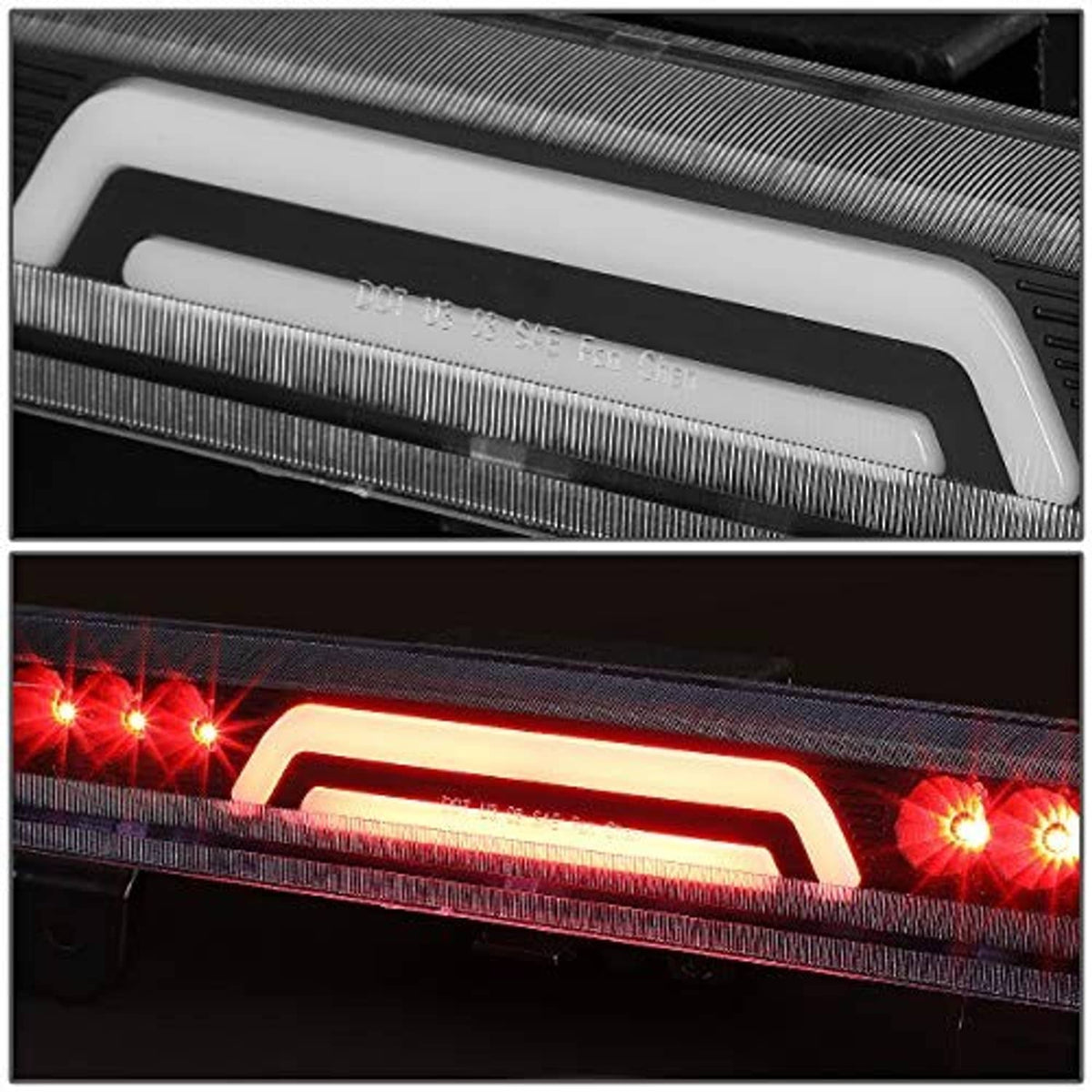 Close-up of clear lens over black 3D LED brake light with glowing red strip