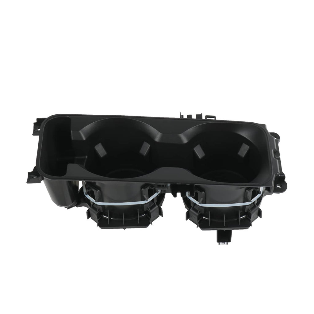 Black two-cup center console cup holder insert with dual openings and rear mounting points