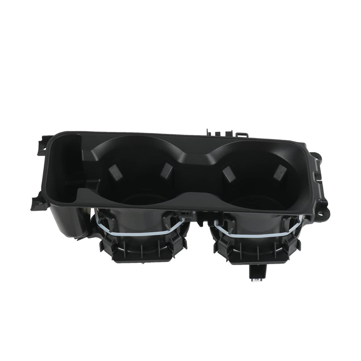 Black two-cup center console cup holder insert with dual openings and rear mounting points