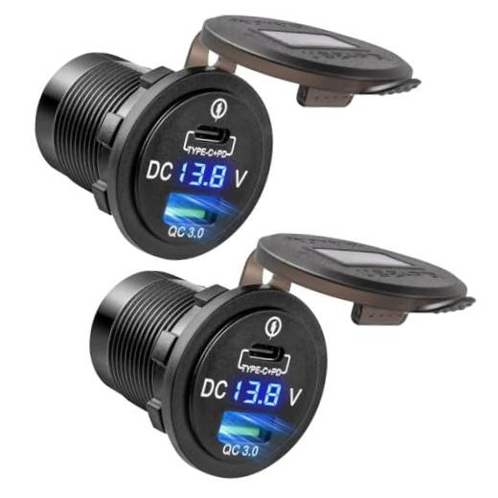 Two-pack car USB charger sockets with LED voltmeter, black caps