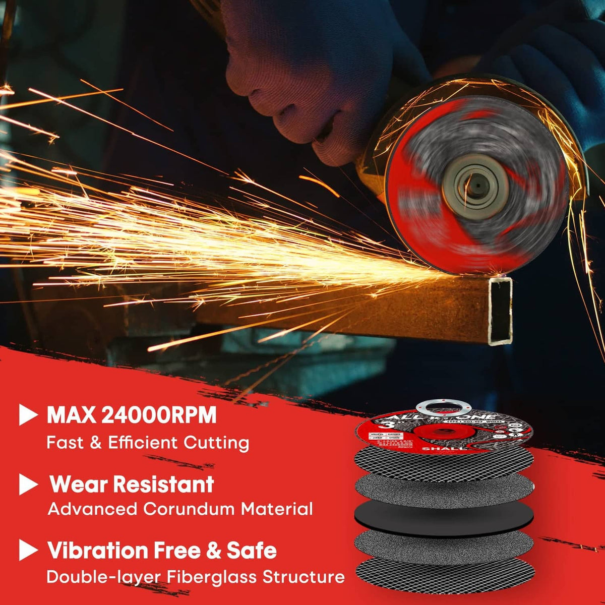 Stack of red-and-black cut-off wheels for fast cutting, double-layer design