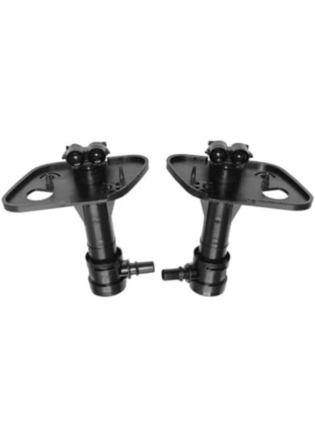 Headlight washer nozzle jet sprayer assembly pair, black plastic flanges and dual nozzles