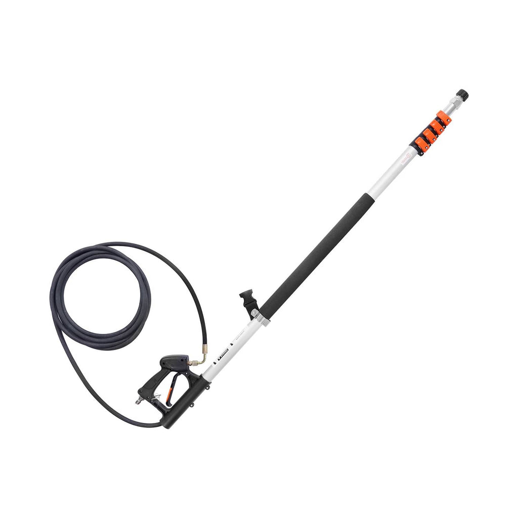 Telescoping pressure washer wand with black high-pressure hose and spray gun handle
