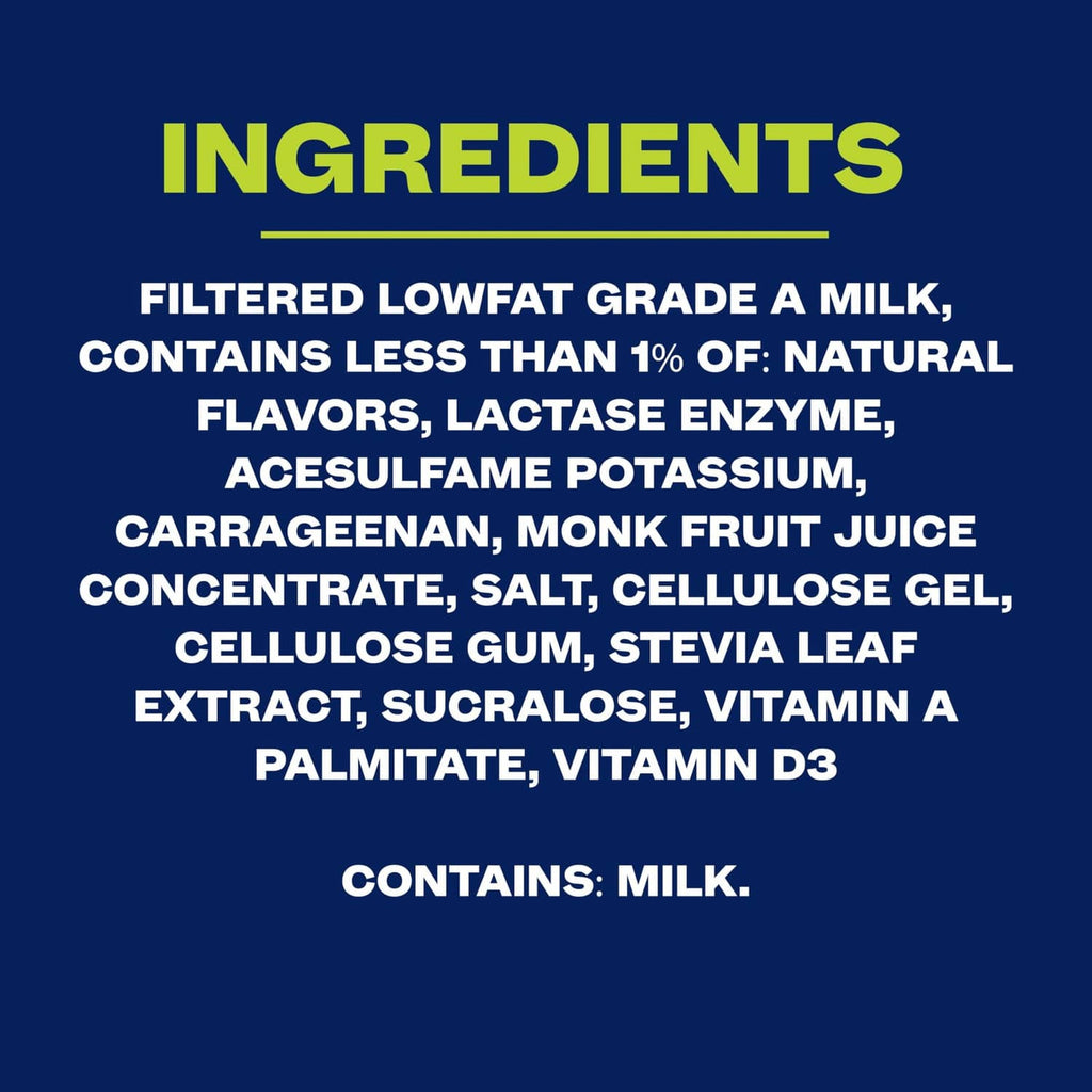 Ingredients panel listing filtered lowfat milk, enzymes, carrageenan, vitamins A and D3