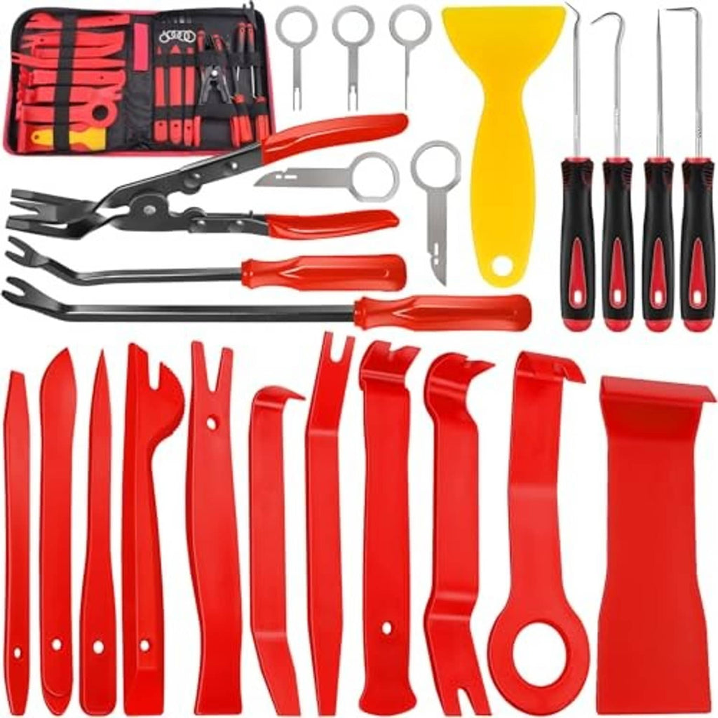 Auto trim removal tool kit featuring red pry tools, metal hooks, and clip tools