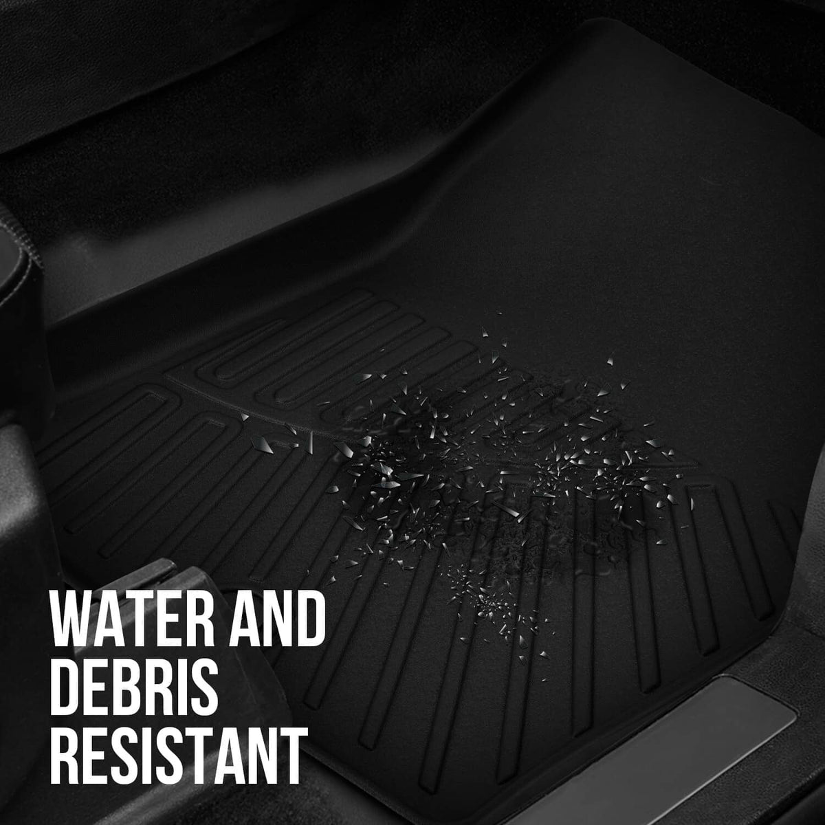 Black TPE cargo liner mat with raised ridges for gripping debris and spills