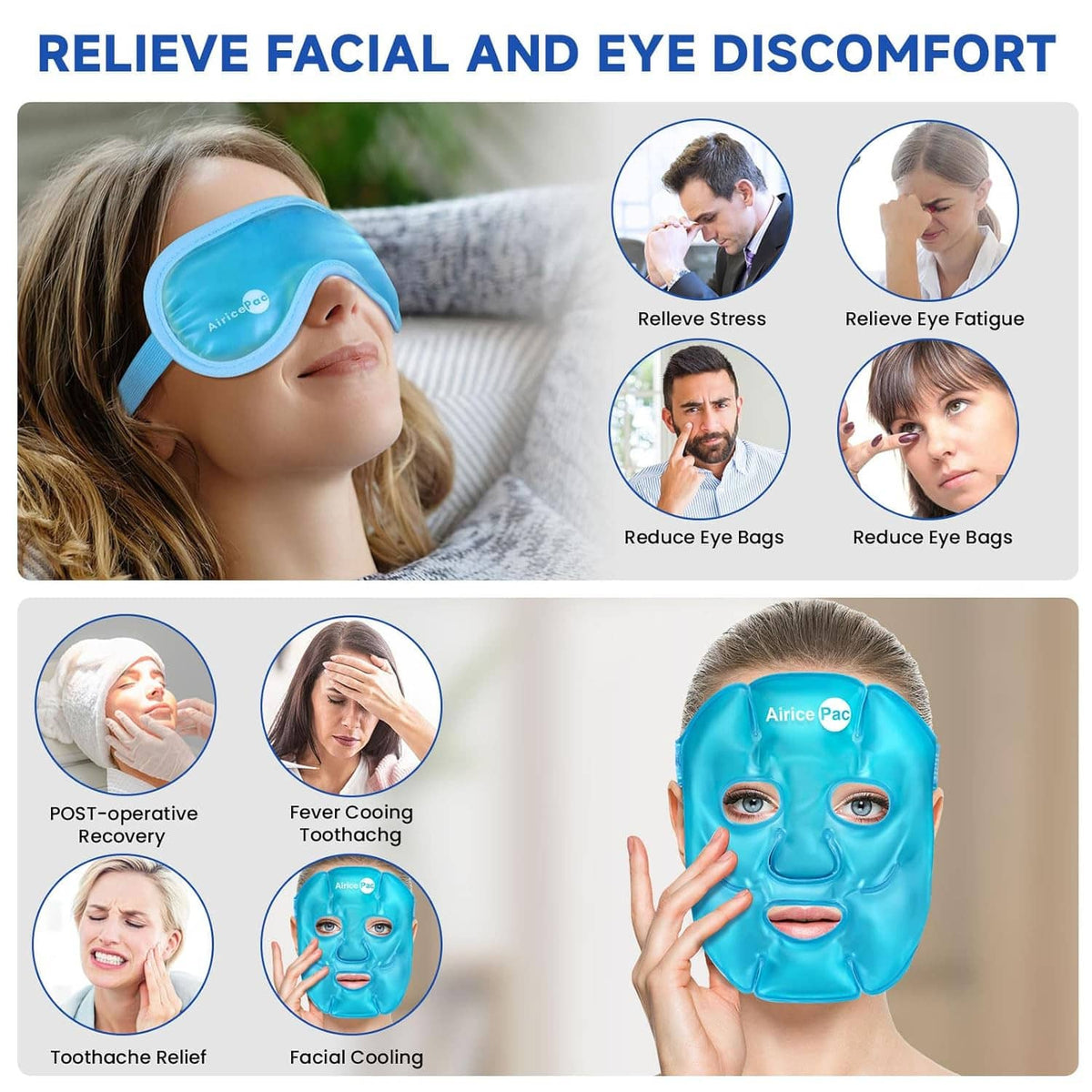 Person wearing a blue cooling face mask and matching eye mask on a comfort setting