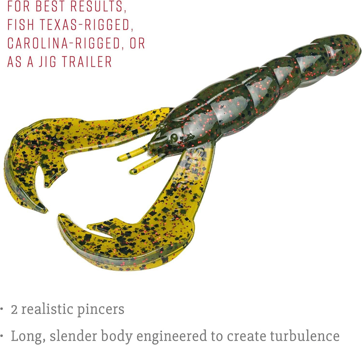Soft plastic craw bait close side view, detailed pincer claws and ribbed tail