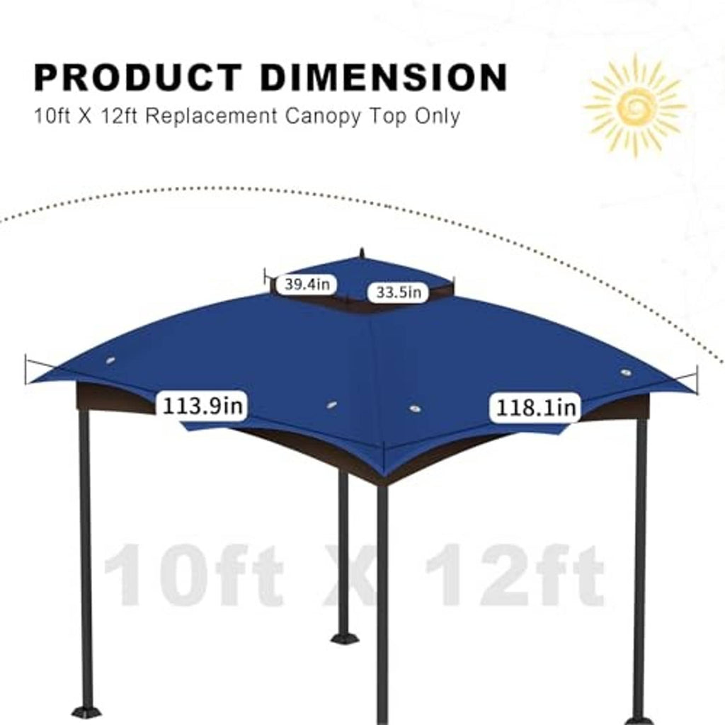 Blue gazebo canopy top cover with brown valance, pointed peak, and 10x12 fit