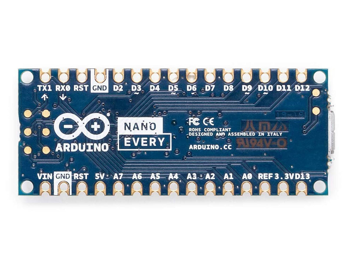 Arduino Nano Every PCB underside view with pin labels and reference markings