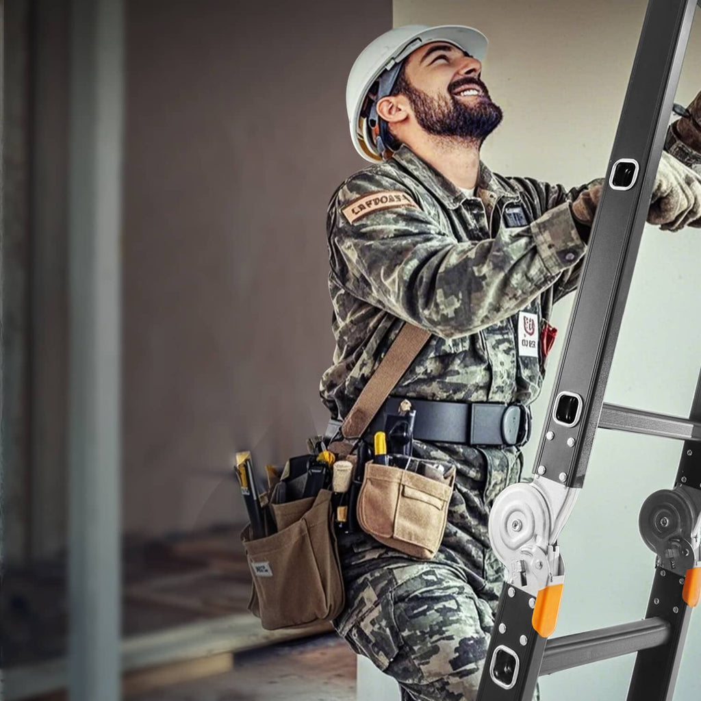 7-in-1 folding ladder extended upright, gray ladder rails with orange safety parts