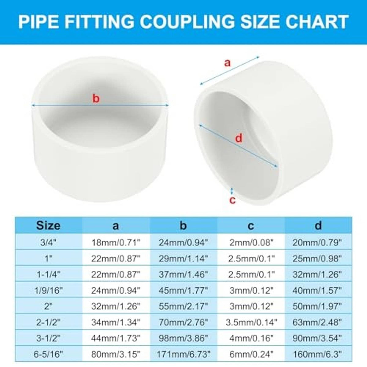 White PVC pipe end cap fitting size chart with two open-ended cylinder views.