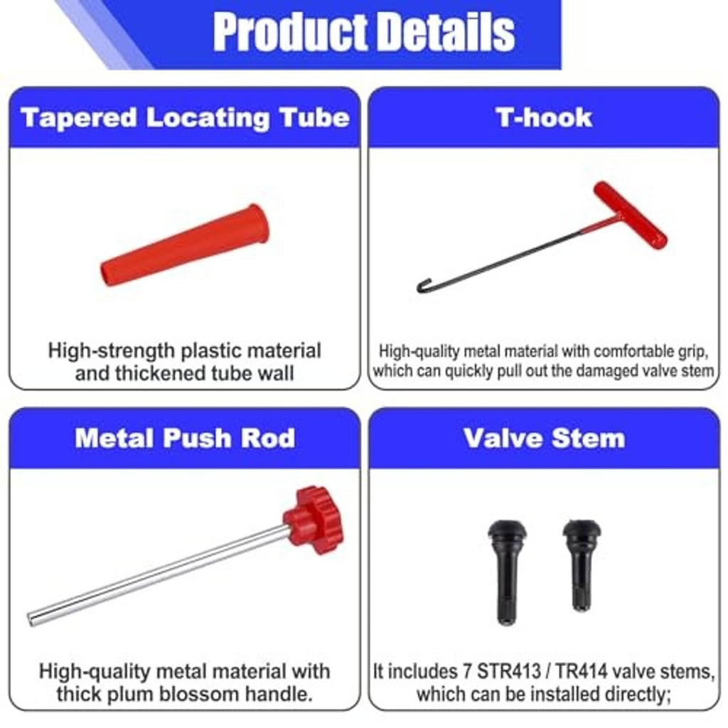 Tire valve tool kit parts diagram: tapered tube, T-hook, push rod, and valve stems