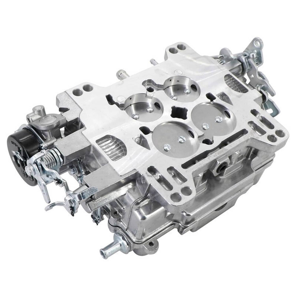 Four-barrel carburetor top with circular ports, silver aluminum casting, angled view.