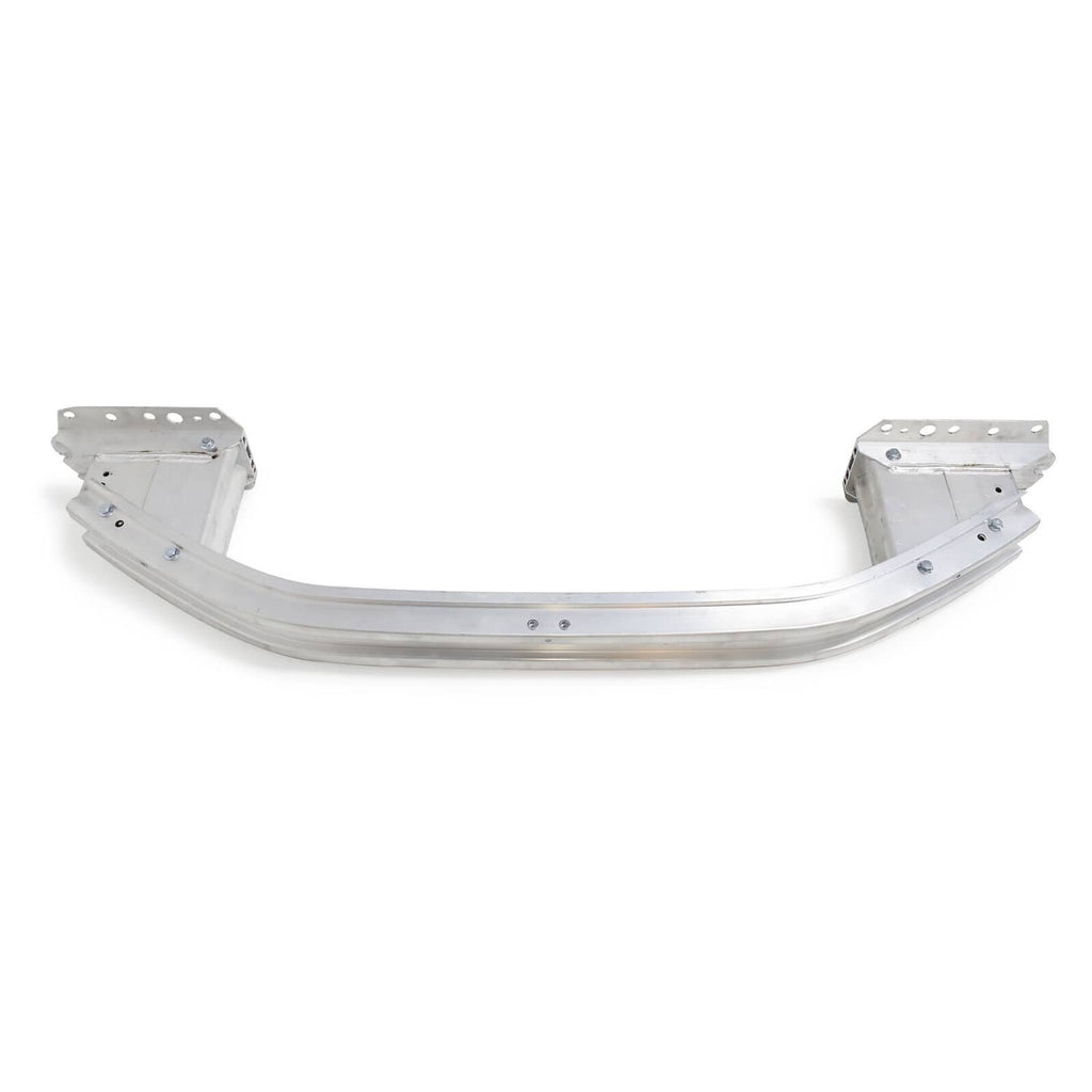 Curved front bumper reinforcement beam with two end brackets and mounting holes