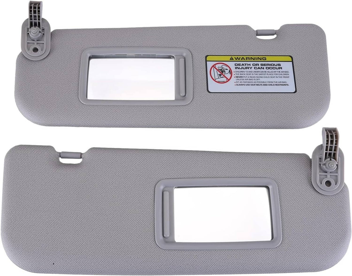 Light gray sun visor pair with mirrored window and side mounting tabs