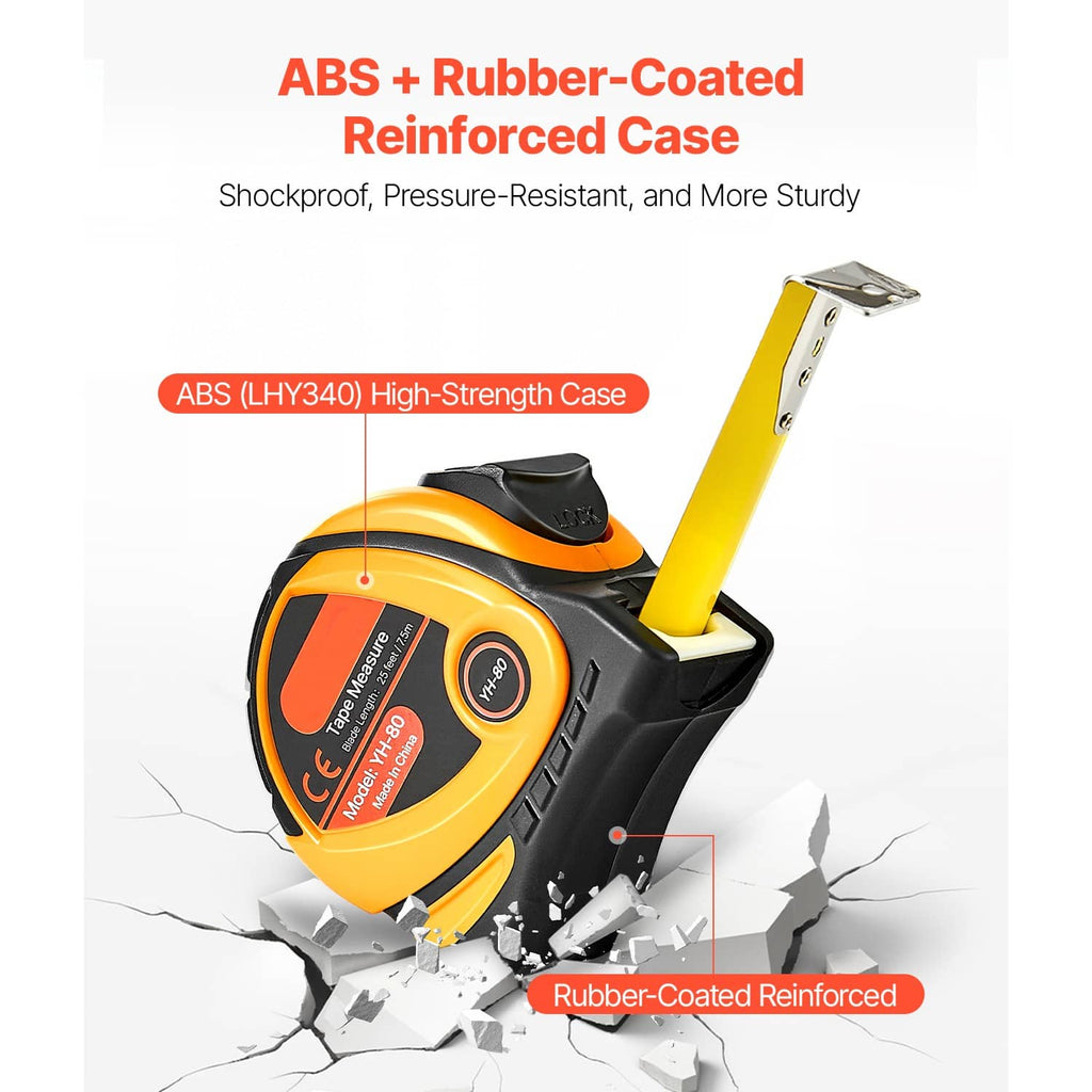 Retractable tape measure in yellow and black ABS case with reinforced rubber coating.