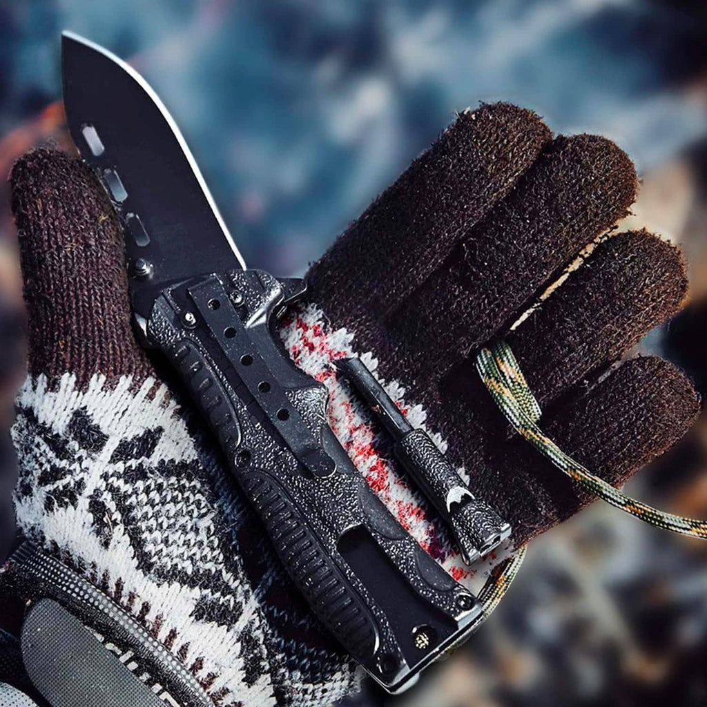 Black folding knife with paracord-wrapped handle and side-mounted fire-starter