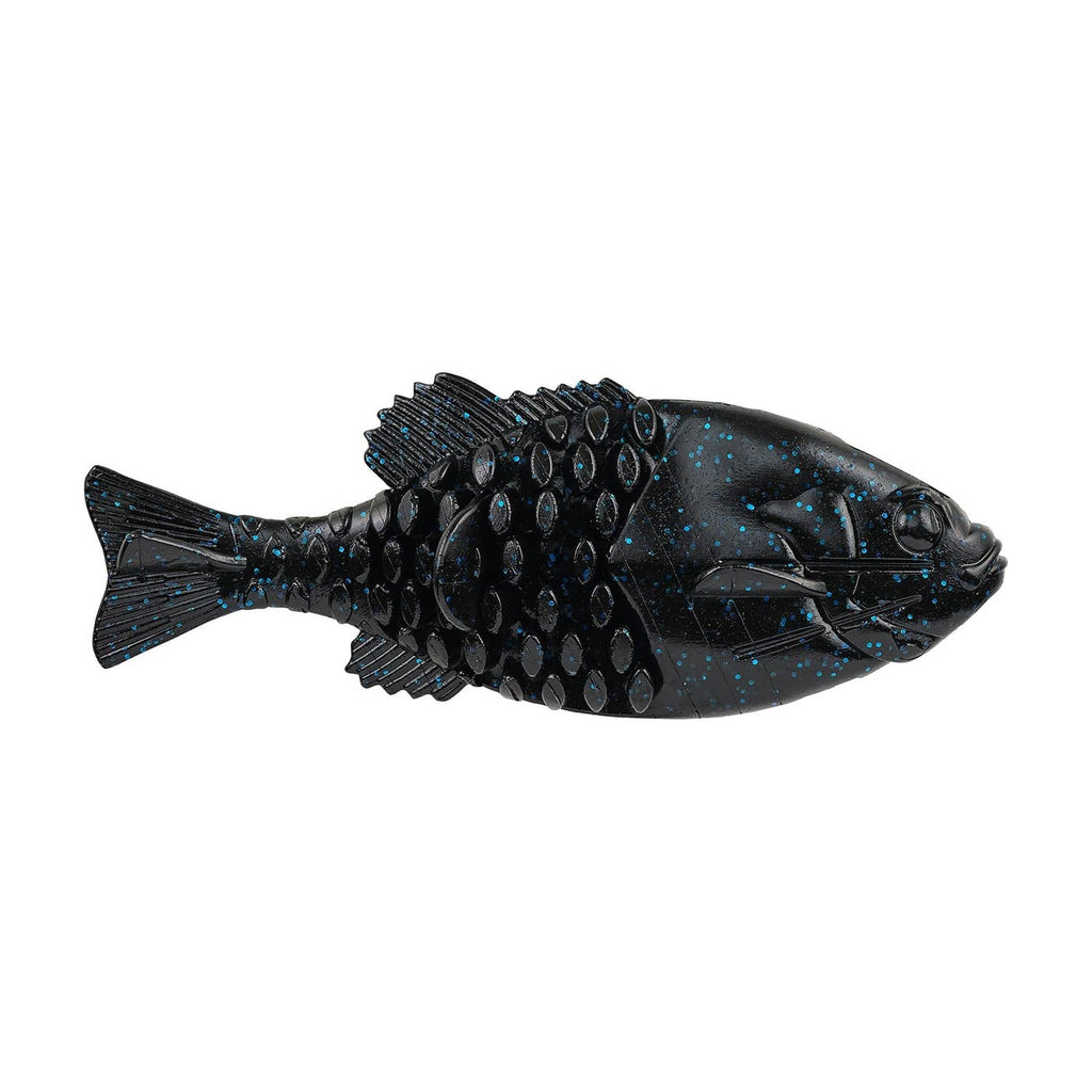 Black-and-blue fleck soft plastic fishing lure with ribbed body and paddle tail.
