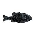 Black-and-blue fleck soft plastic fishing lure with ribbed body and paddle tail.