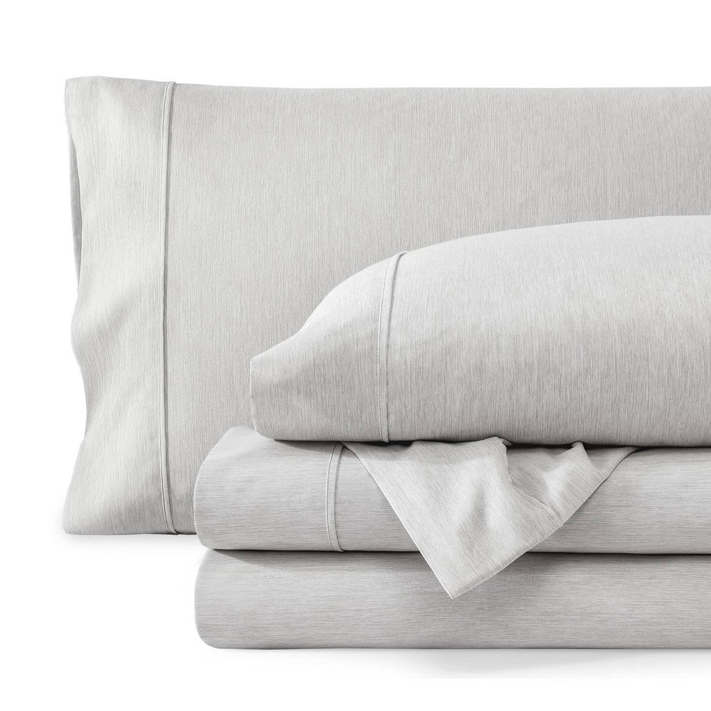 Heathered pewter fitted sheet and pillowcase with neat seams and rolled edge