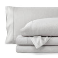 Heathered pewter fitted sheet and pillowcase with neat seams and rolled edge