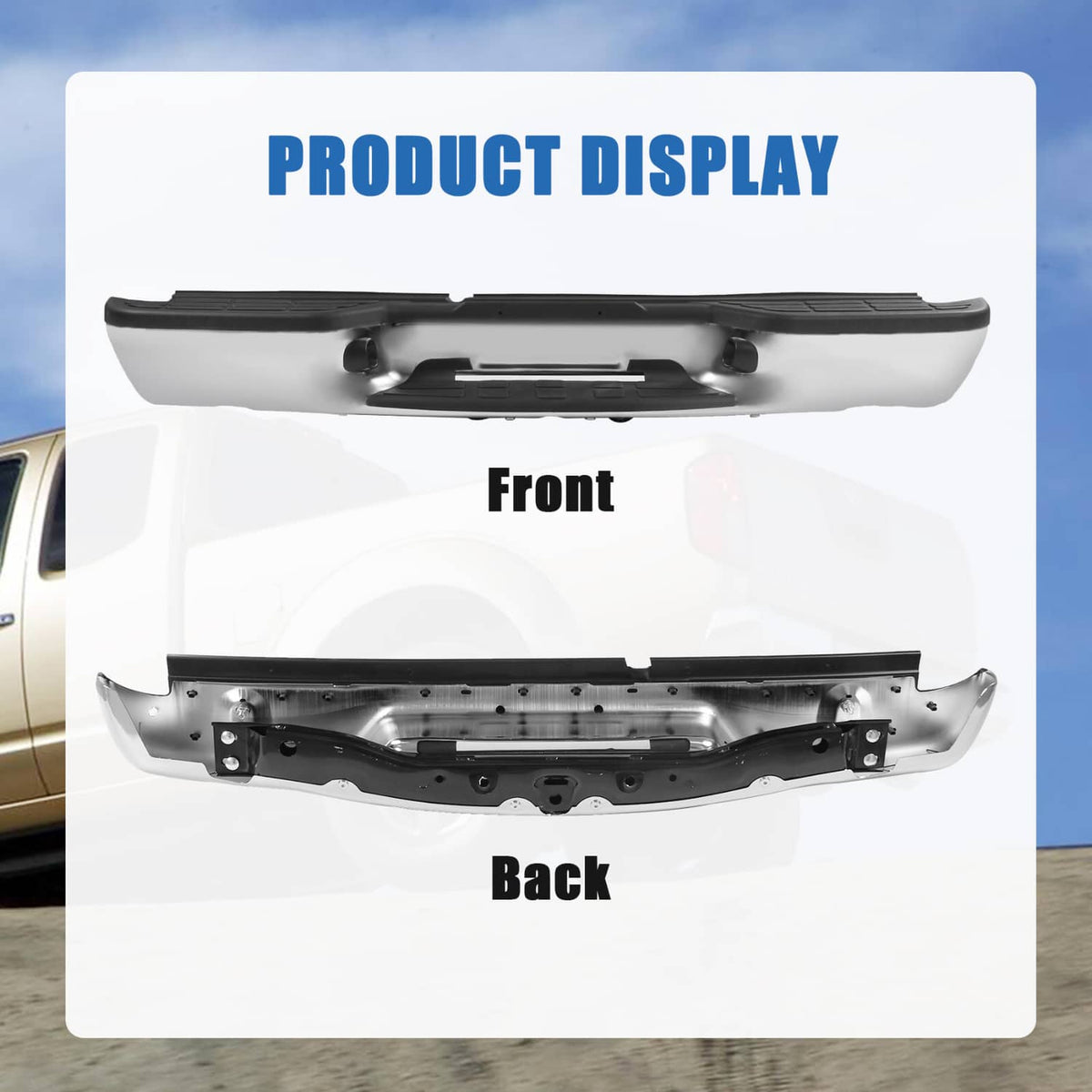 Rear step bumper assembly display showing front and back views with black step pad