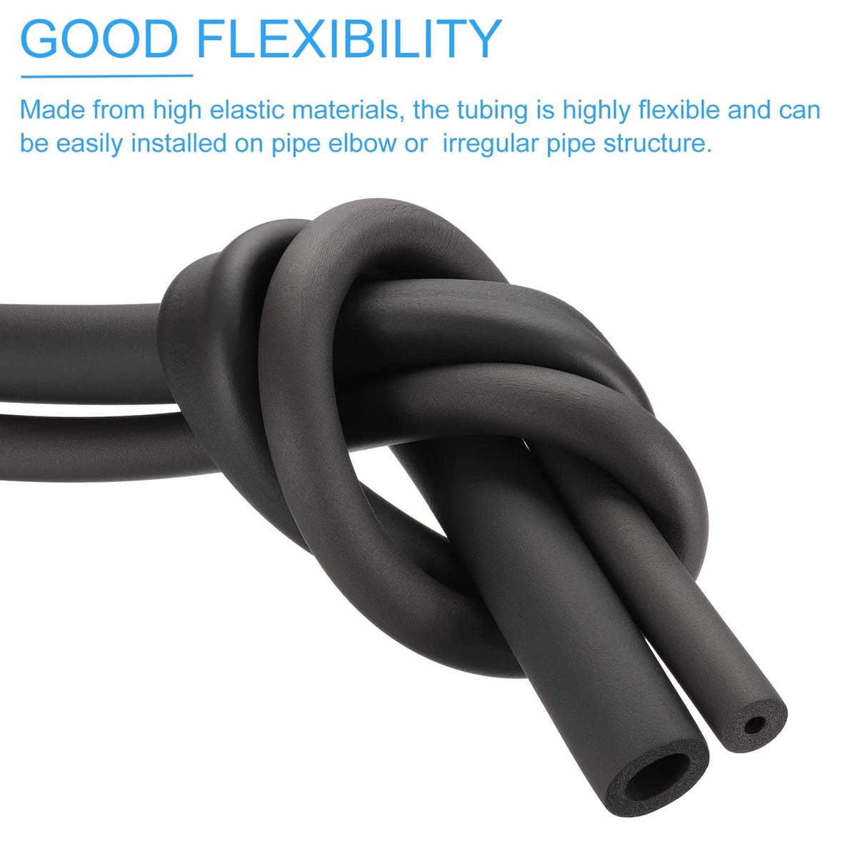 Coiled dark gray foam pipe insulation tubing bundle, flexible hollow sections