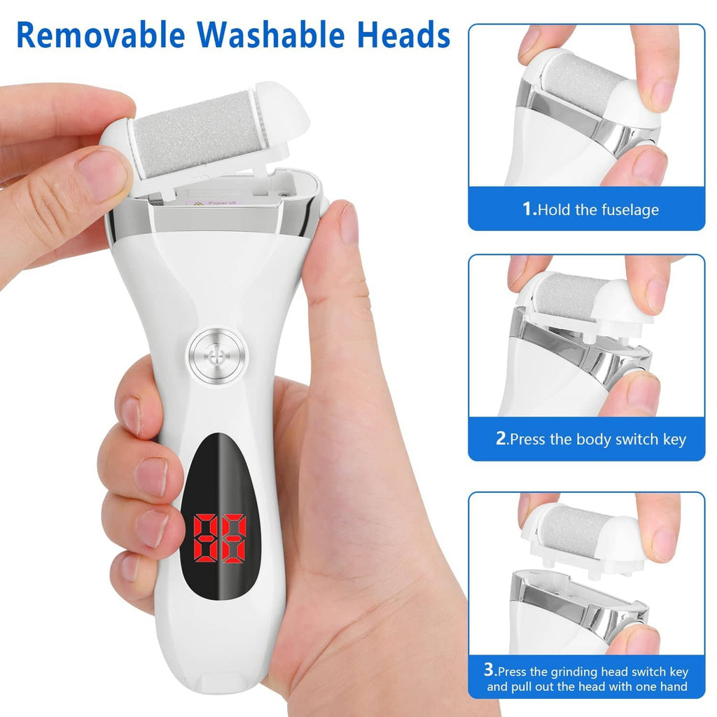 White electric foot callus remover with removable roller heads and red LED display