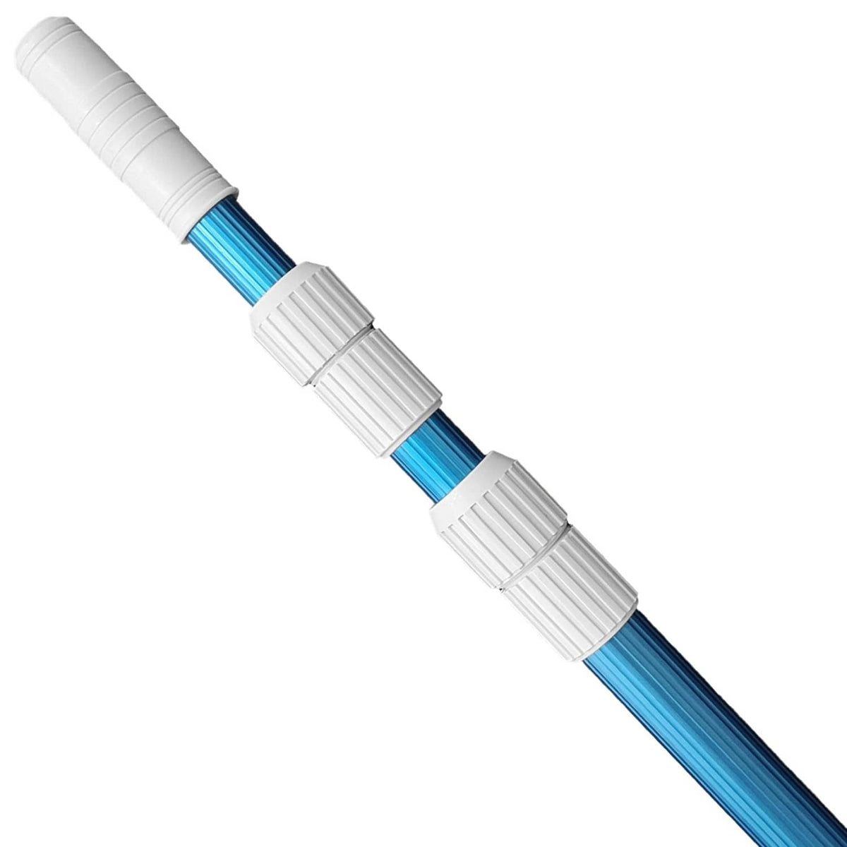 Blue telescopic pool skimmer pole with white ribbed locking sections
