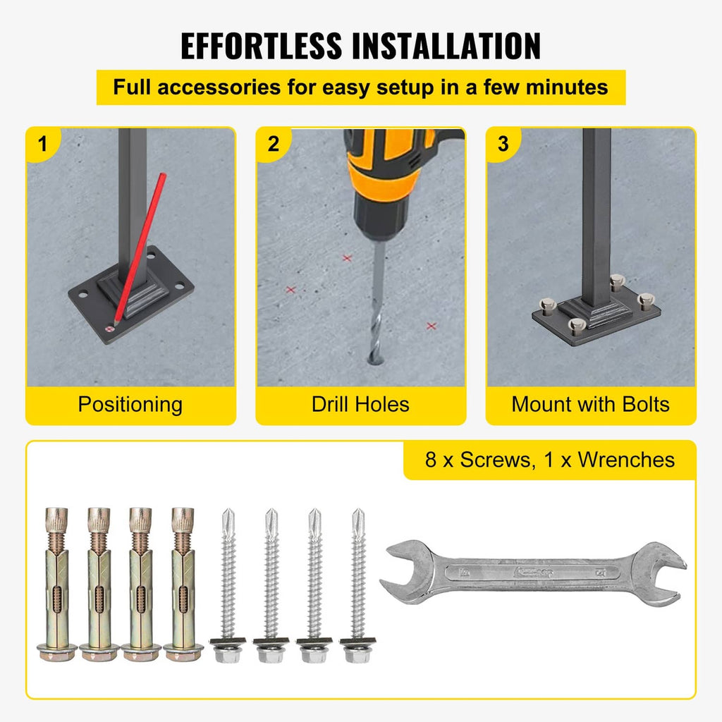 Single post handrail mounting kit view: base plate, screws, and wrenches for setup.