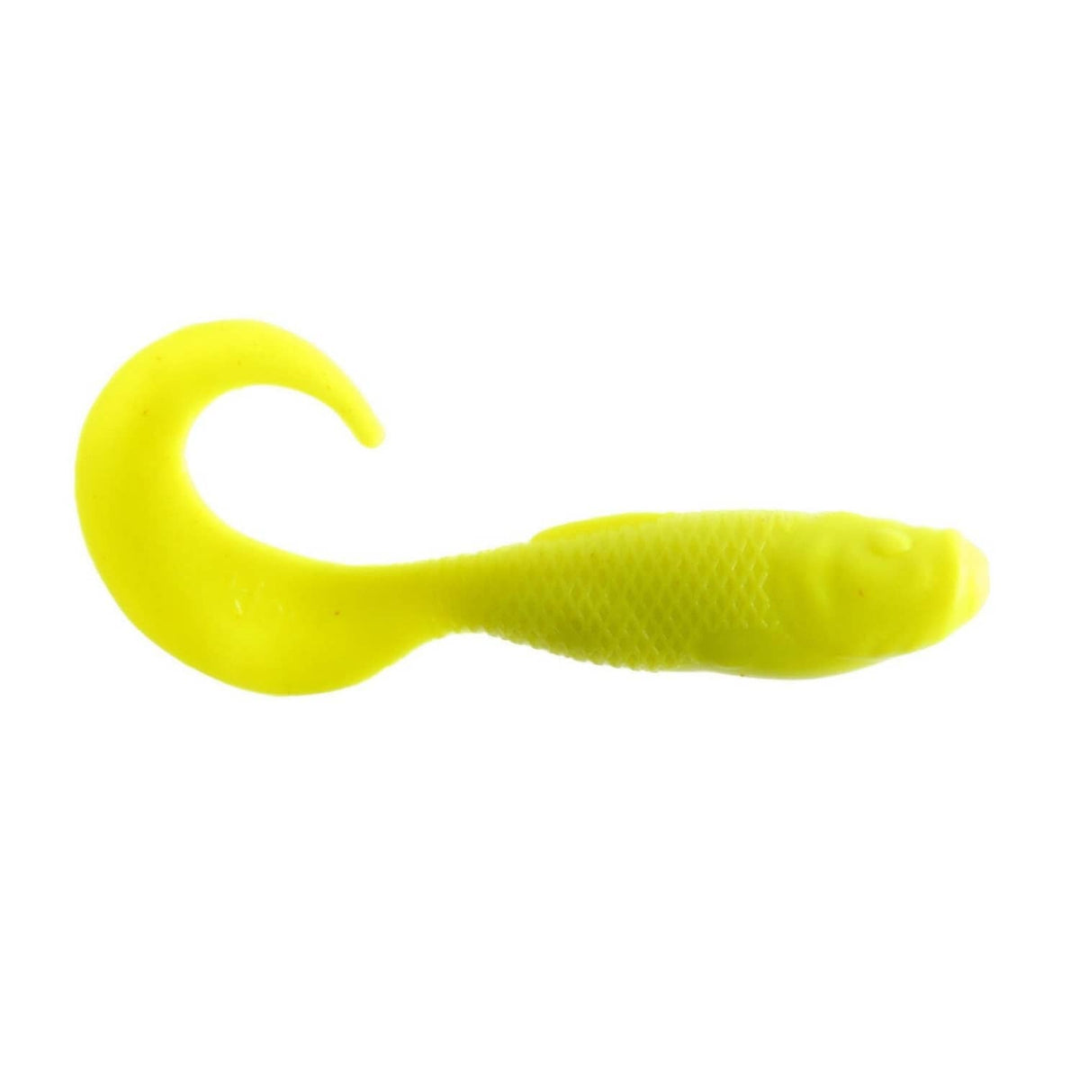 Bright yellow soft plastic swimbait fishing lure, curved tail with tapered body