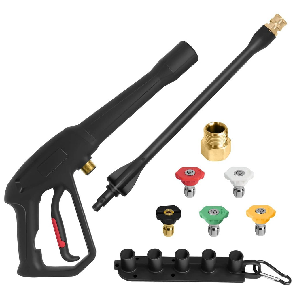 Black pressure washer spray gun with brass fitting, plus color nozzle tips and holder