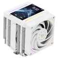 White dual-tower CPU air cooler with 120mm fan and glowing RGB accents on the shroud