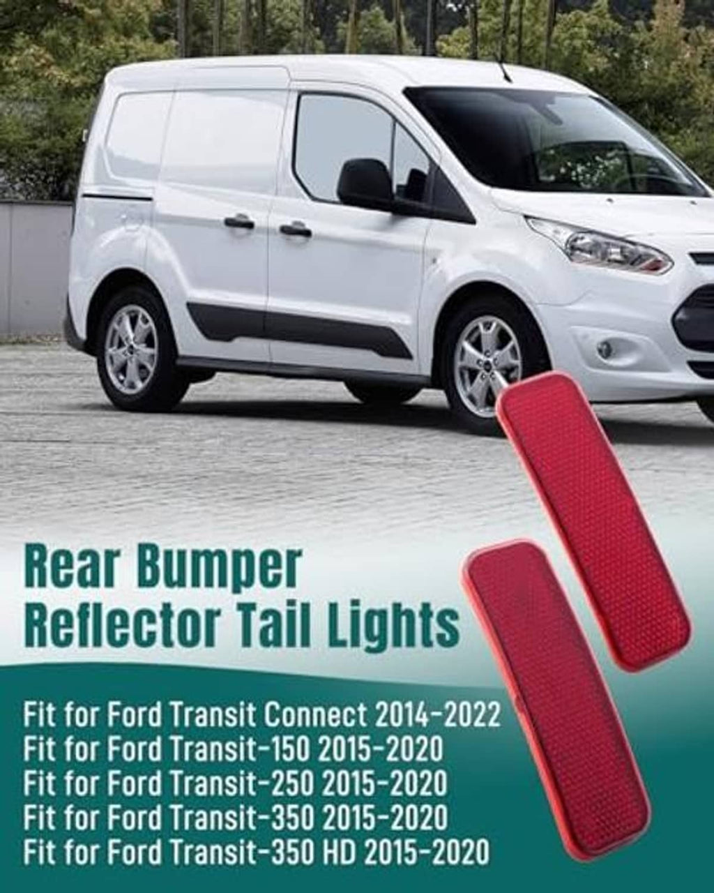 Two red rear bumper reflector tail lights with curved rectangular shape