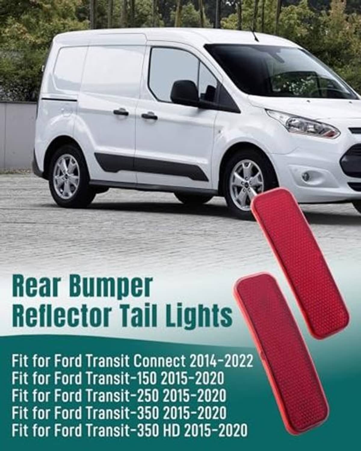 Two red rear bumper reflector tail lights with curved rectangular shape