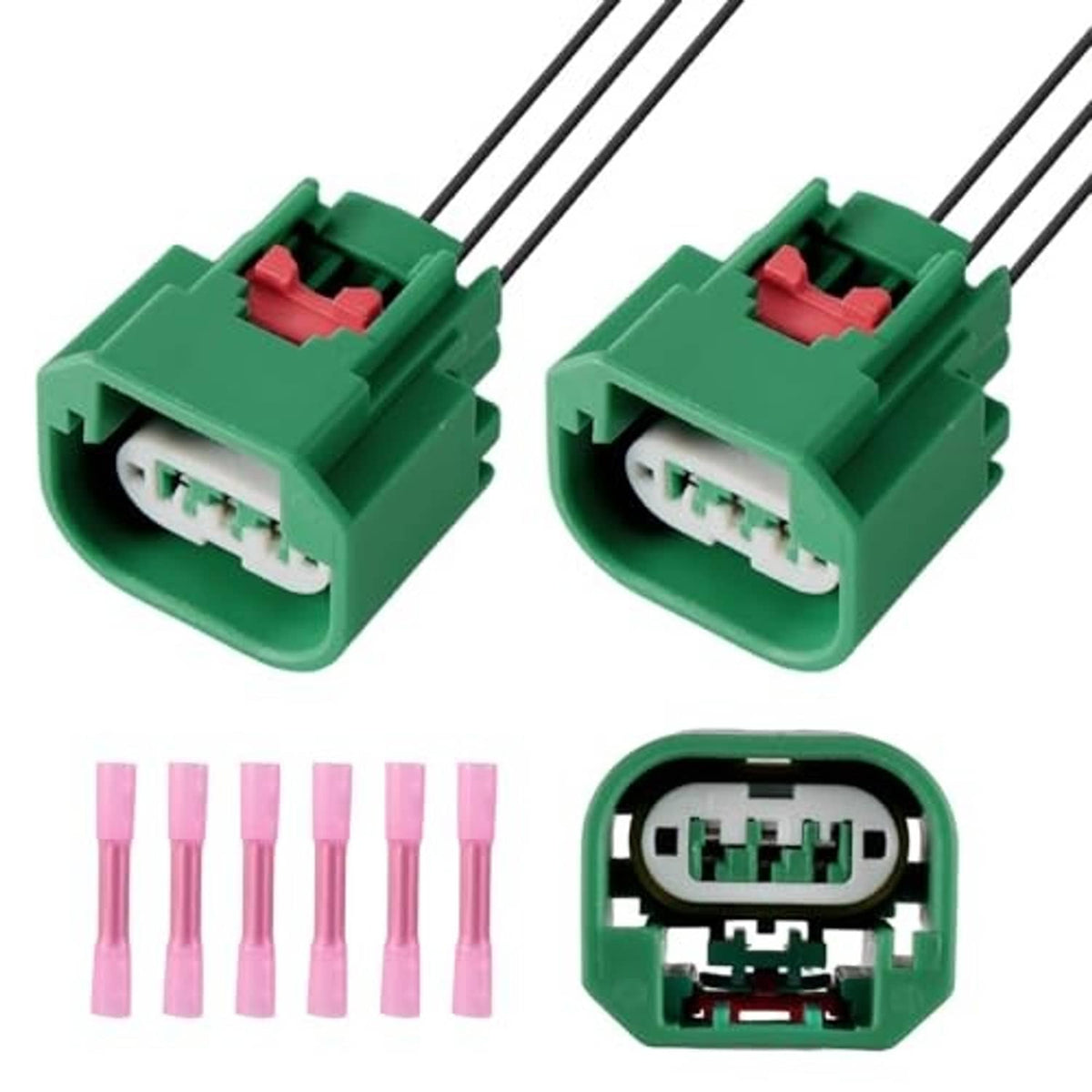 Headlight wiring harness connectors with 3-pin sockets, black leads, and pink terminals
