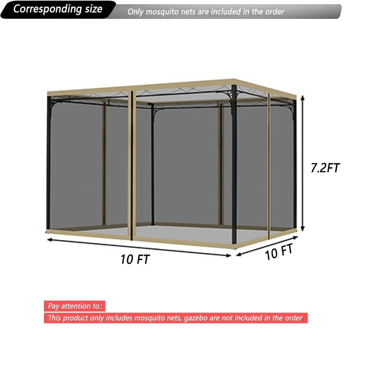 Gazebo mosquito net size chart, 10 ft x 10 ft, four door openings