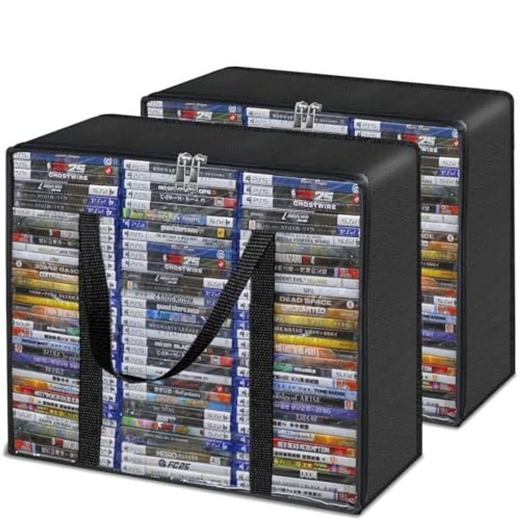 Black CD/DVD storage bag pair with clear front window, zipper, and reinforced carry strap