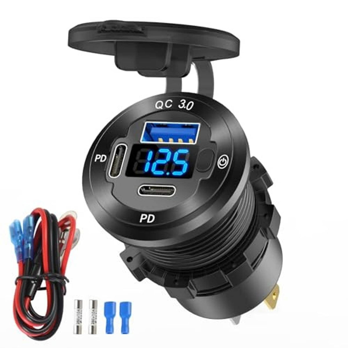 Black circular 12V car USB charger with QC 3.0/PD ports and LED 12.5V display