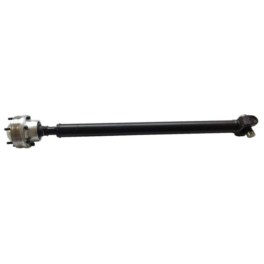 Front drive shaft propeller shaft, long black tube with end yokes and mounting flange.